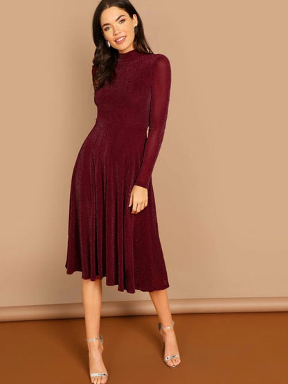 Button Keyhole Mock-neck Glitter Flowy Dress Periwinkley Shop