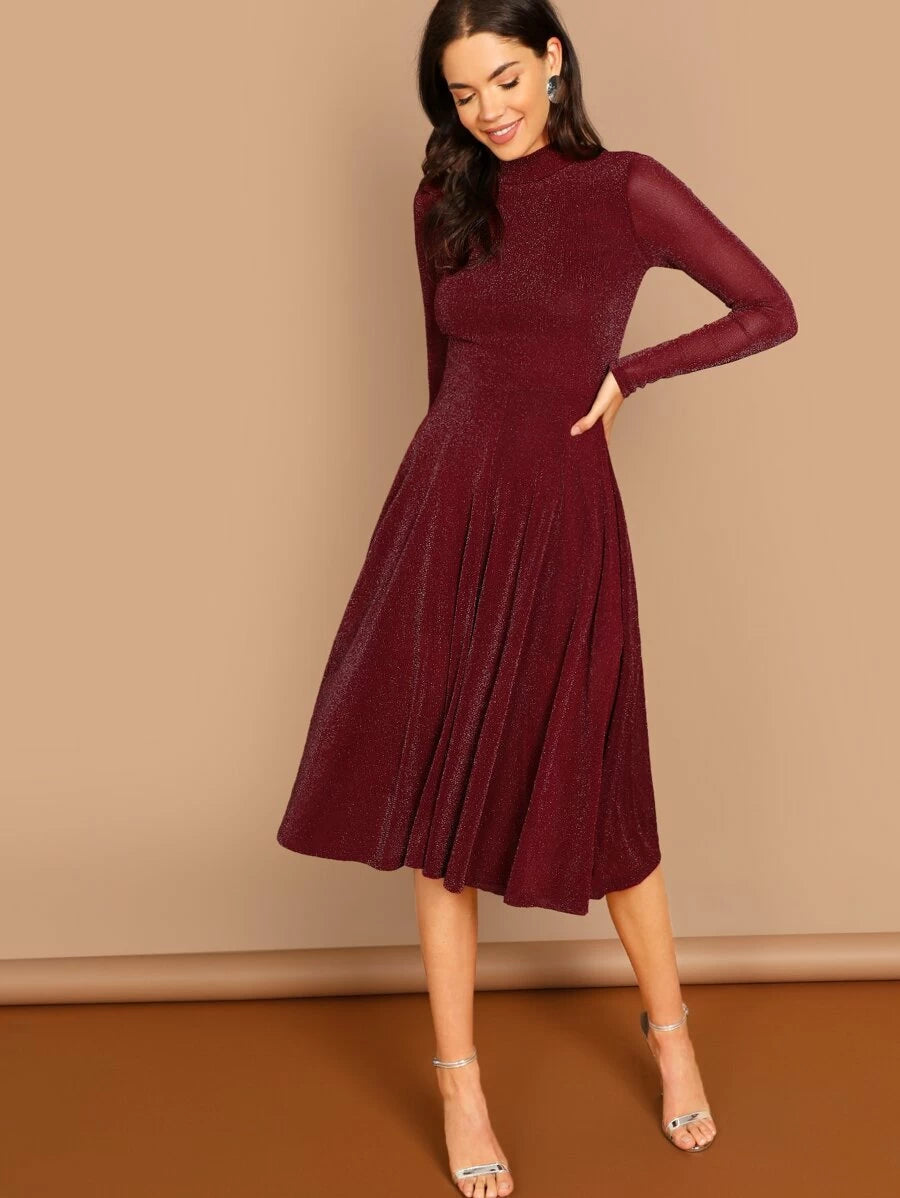 Button Keyhole Mock-neck Glitter Flowy Dress Periwinkley Shop