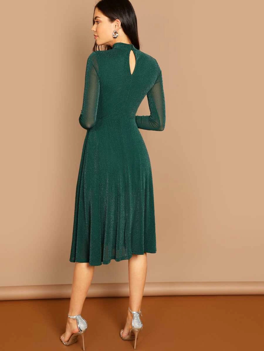 Sheer Sleeve Glitter Flare Prom Dress Periwinkley Shop