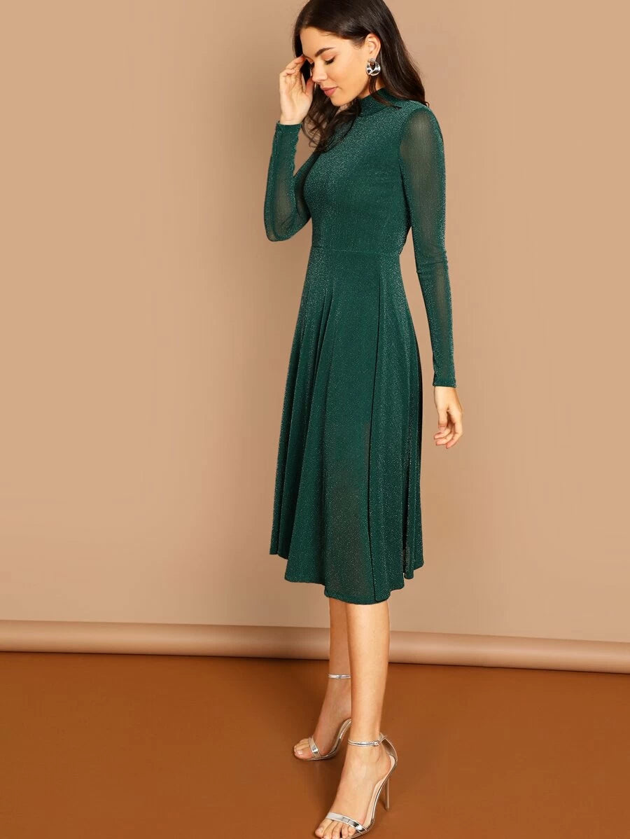 Sheer Sleeve Glitter Flare Prom Dress Periwinkley Shop