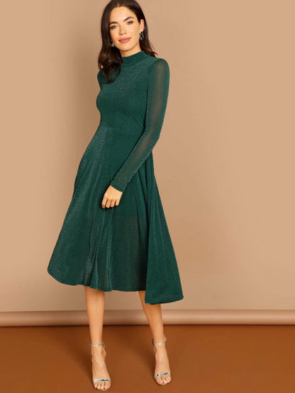 Sheer Sleeve Glitter Flare Prom Dress Periwinkley Shop
