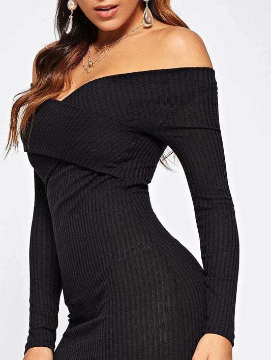 Crossover Off The Shoulder Ribbed Dress Periwinkley Shop