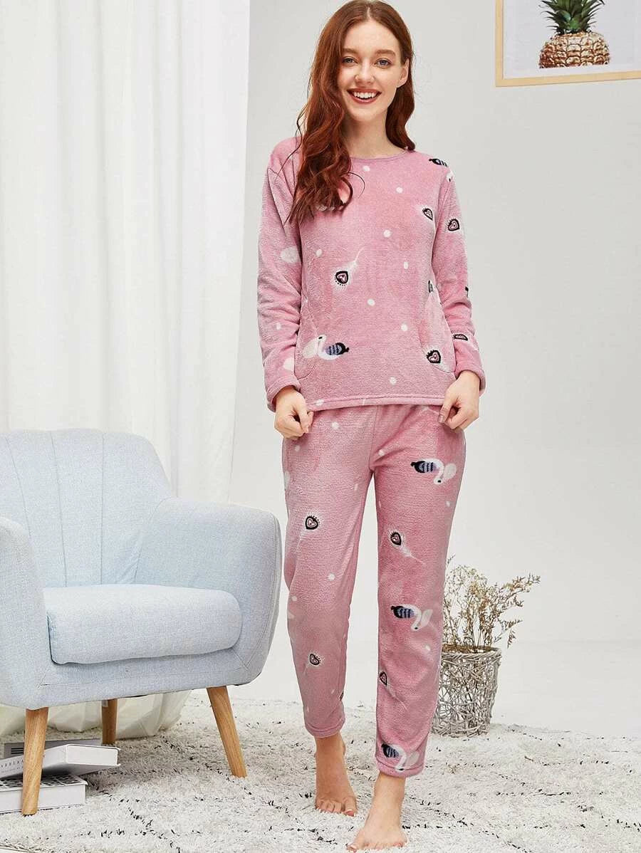 Flamingo & Feather Print Plush Pajama Set Periwinkley Shop