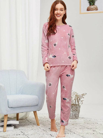 Flamingo & Feather Print Plush Pajama Set Periwinkley Shop