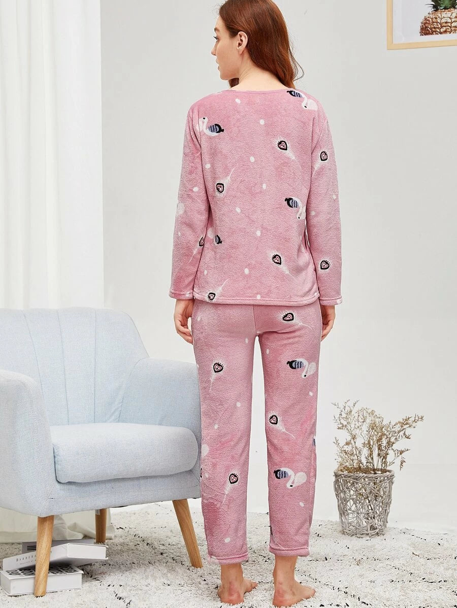 Flamingo & Feather Print Plush Pajama Set Periwinkley Shop