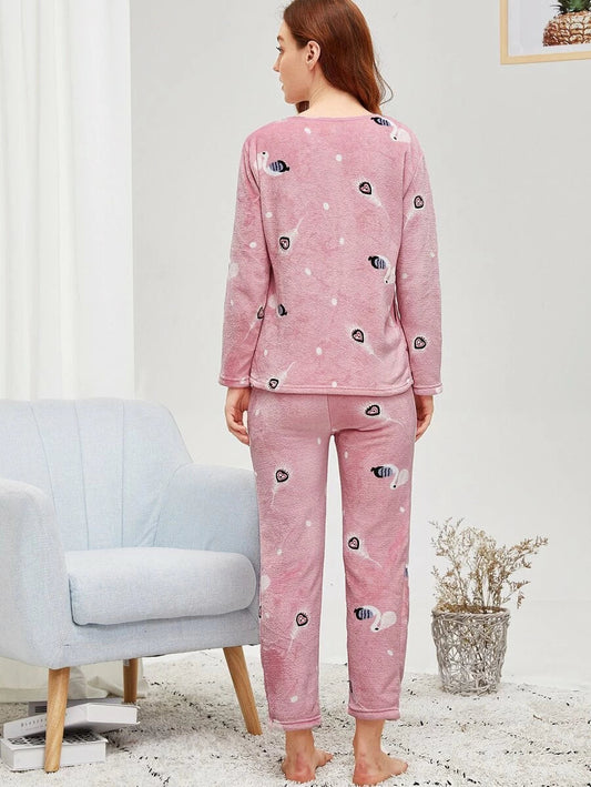 Flamingo & Feather Print Plush Pajama Set Periwinkley Shop