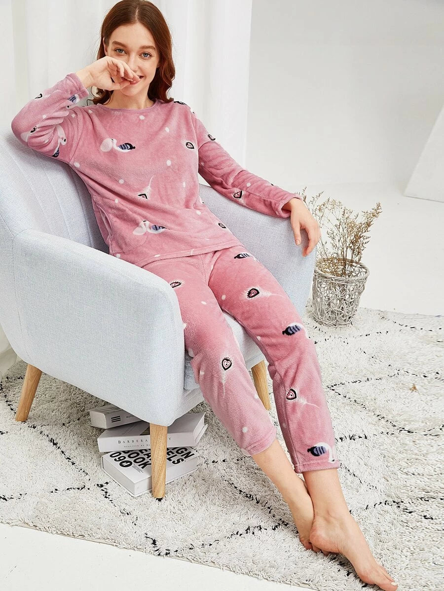 Flamingo & Feather Print Plush Pajama Set Periwinkley Shop