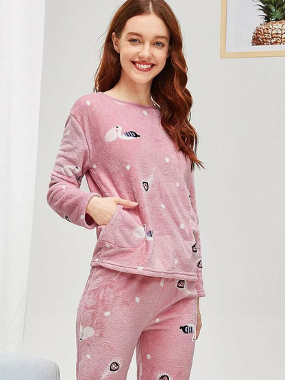 Flamingo & Feather Print Plush Pajama Set Periwinkley Shop