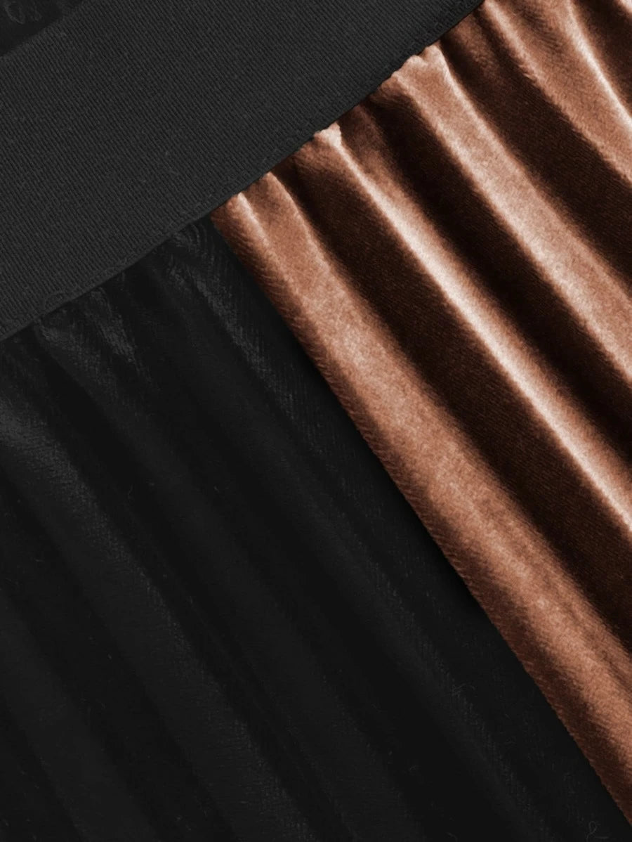 Velvet Color Block Pleated Skirt Periwinkley Shop