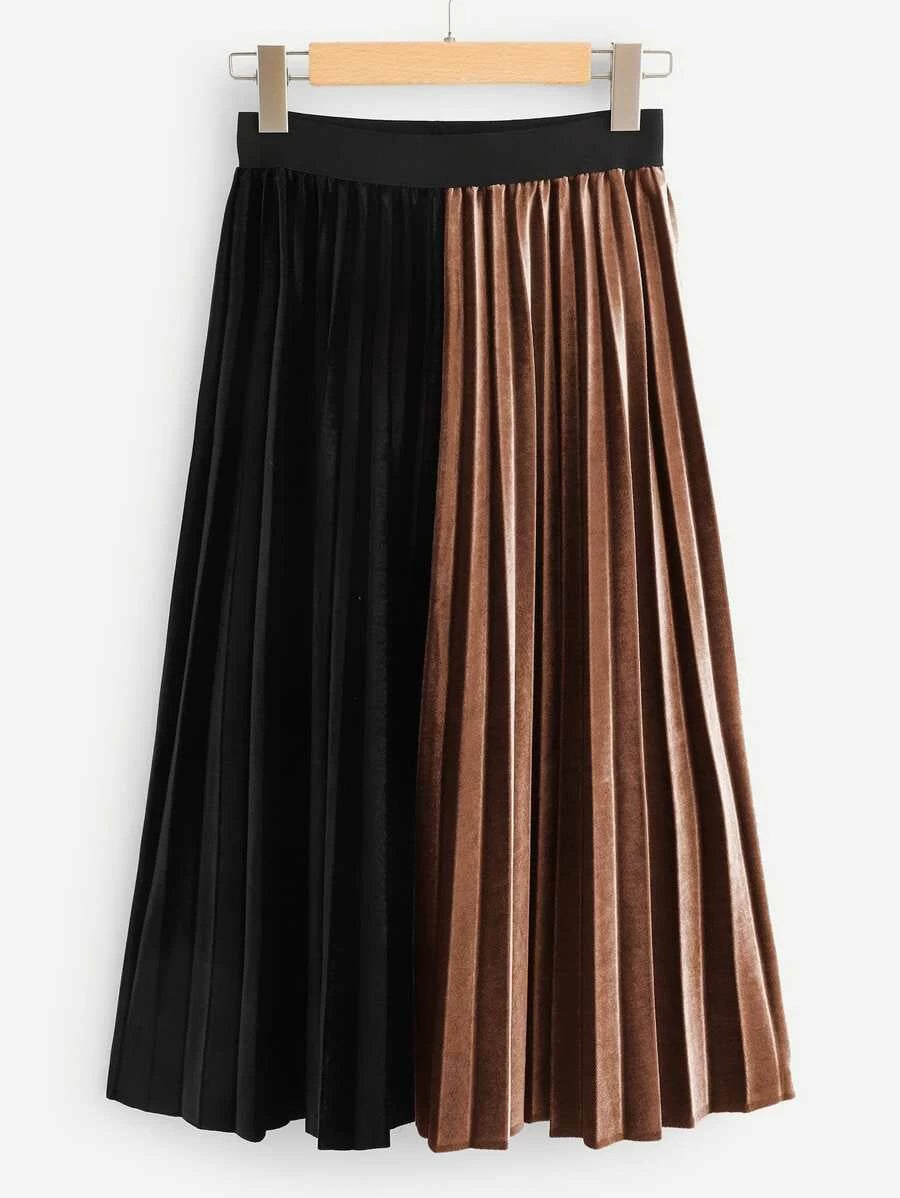Velvet Color Block Pleated Skirt Periwinkley Shop
