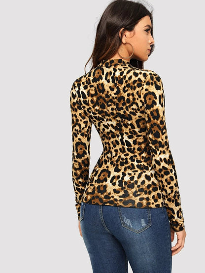 Leopard Print Mock-neck Slim Fitted Tee Periwinkley Shop