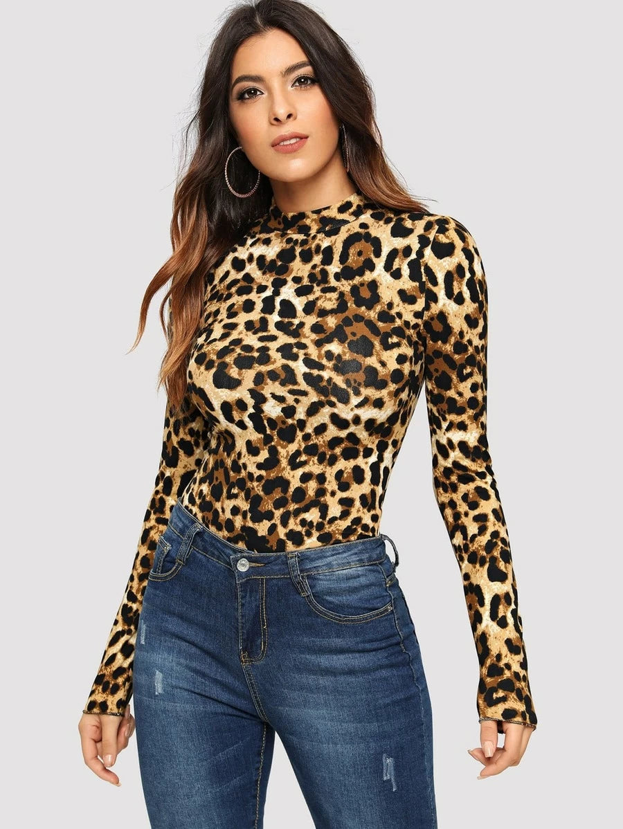 Leopard Print Mock-neck Slim Fitted Tee Periwinkley Shop