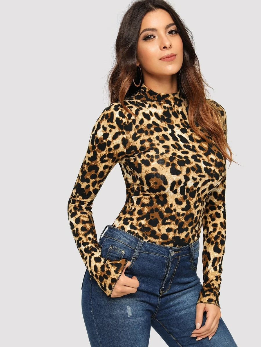Leopard Print Mock-neck Slim Fitted Tee Periwinkley Shop