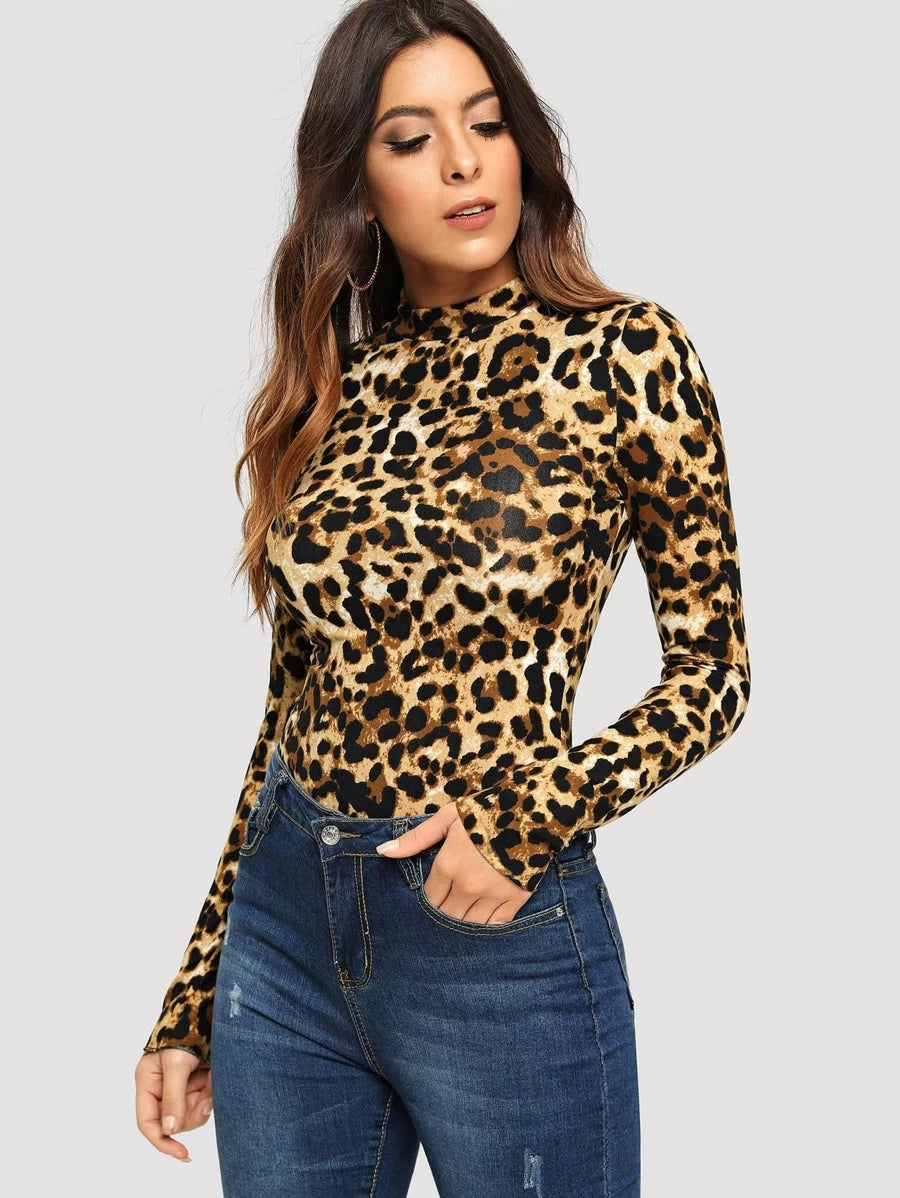 Leopard Print Mock-neck Slim Fitted Tee Periwinkley Shop