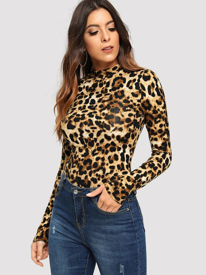 Leopard Print Mock-neck Slim Fitted Tee Periwinkley Shop