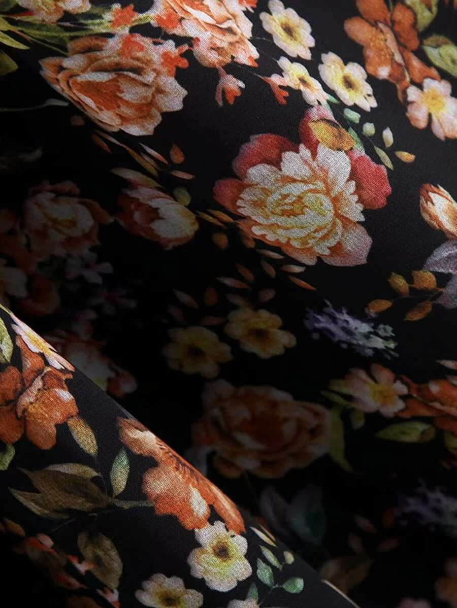 Floral Spliced Covered Button Ruffle Hem Dress Periwinkley Shop