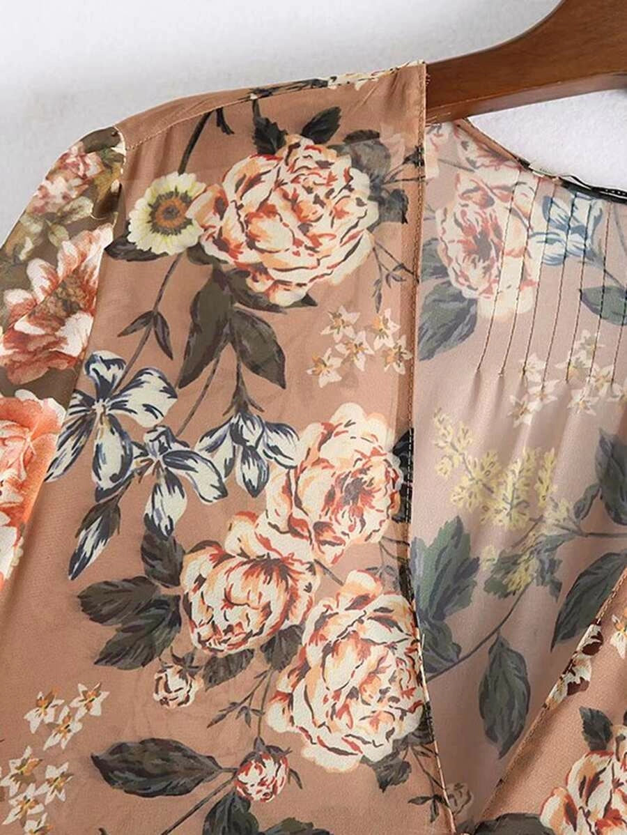 Floral Spliced Covered Button Ruffle Hem Dress Periwinkley Shop