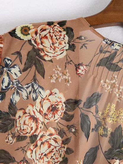 Floral Spliced Covered Button Ruffle Hem Dress Periwinkley Shop