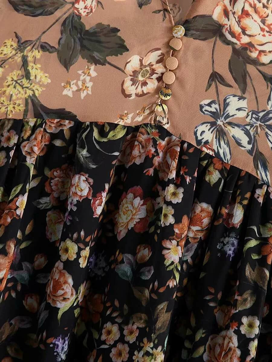 Floral Spliced Covered Button Ruffle Hem Dress Periwinkley Shop