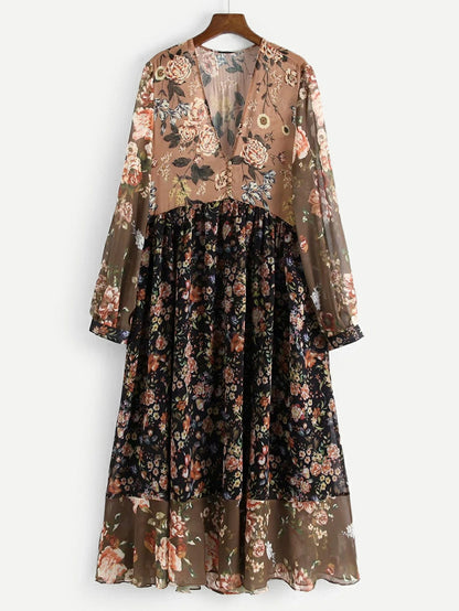 Floral Spliced Covered Button Ruffle Hem Dress Periwinkley Shop