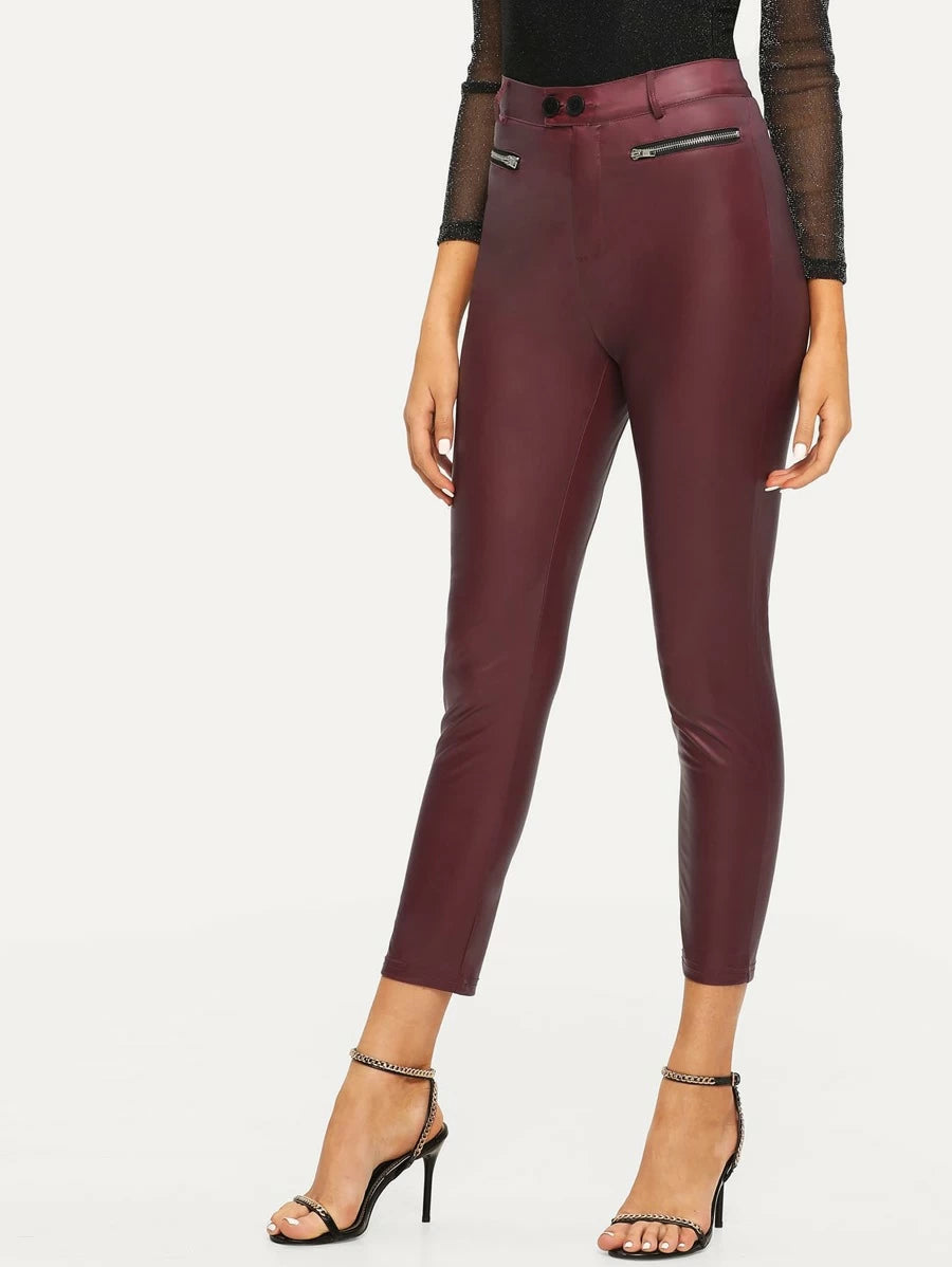 Exposed Zip Detail Coated Skinny Trousers Periwinkley Shop