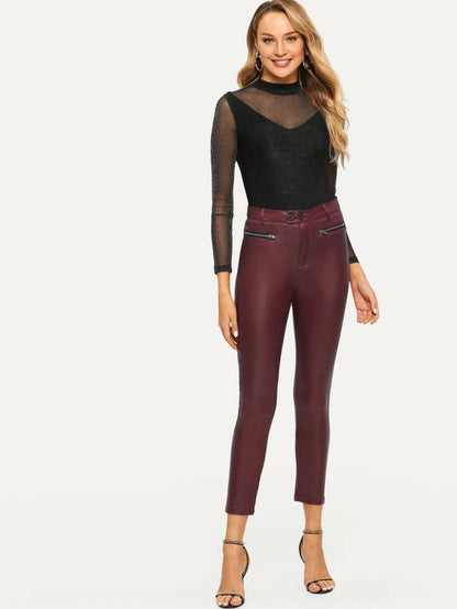 Exposed Zip Detail Coated Skinny Trousers Periwinkley Shop