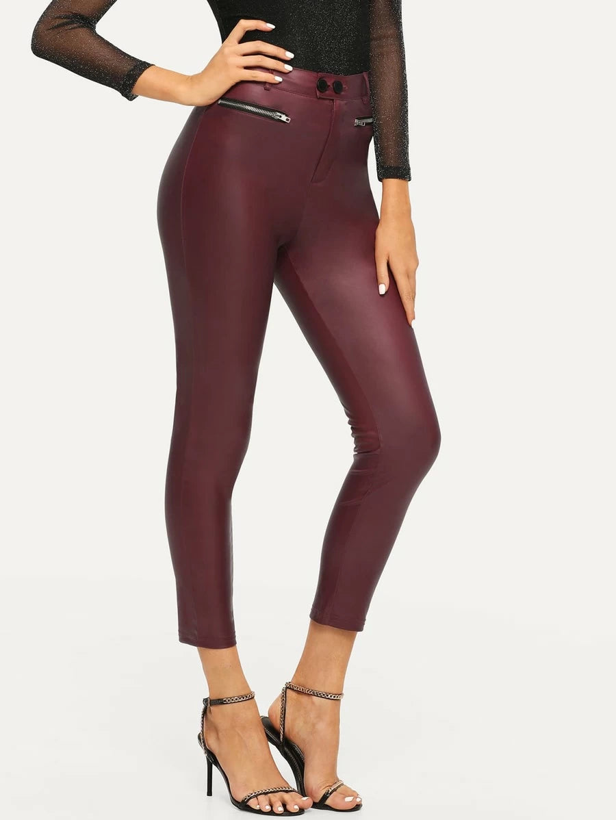 Exposed Zip Detail Coated Skinny Trousers Periwinkley Shop