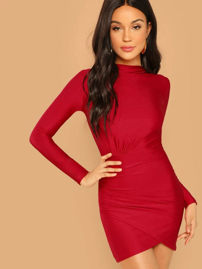 Mock-Neck Ruched Solid Dress Periwinkley Shop