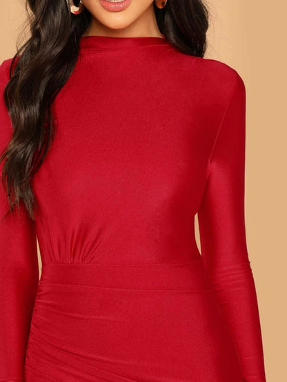 Mock-Neck Ruched Solid Dress Periwinkley Shop