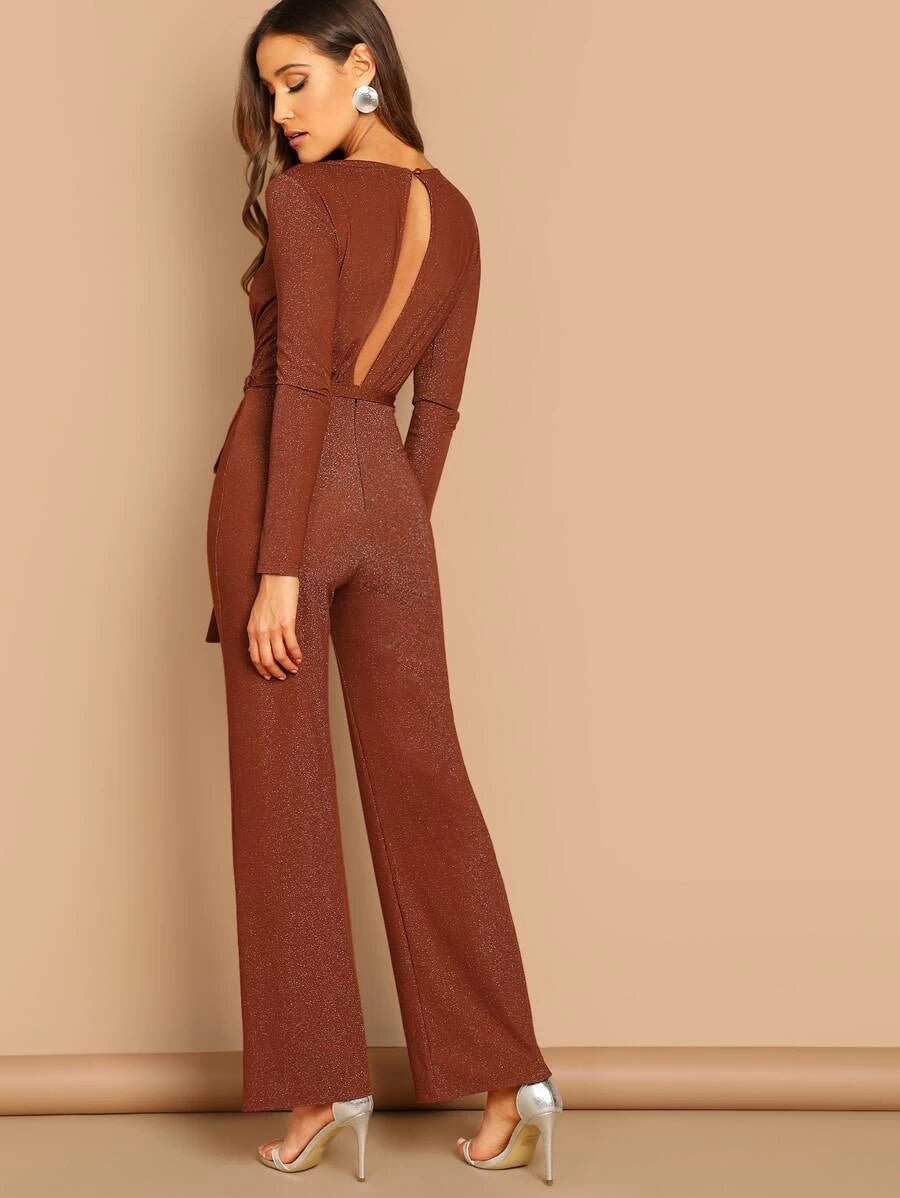 Plunging Neck Self Belted Wrap Glitter Jumpsuit Periwinkley Shop