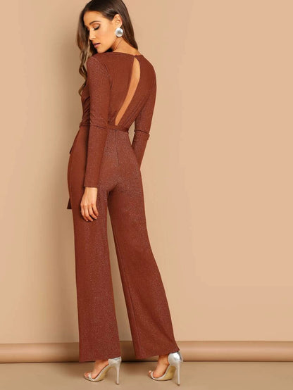 Plunging Neck Self Belted Wrap Glitter Jumpsuit Periwinkley Shop