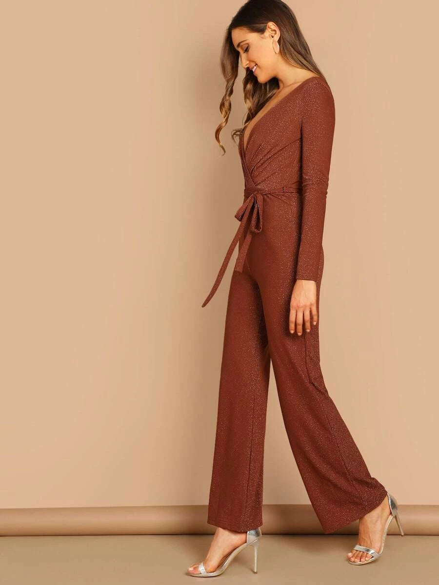 Plunging Neck Self Belted Wrap Glitter Jumpsuit Periwinkley Shop
