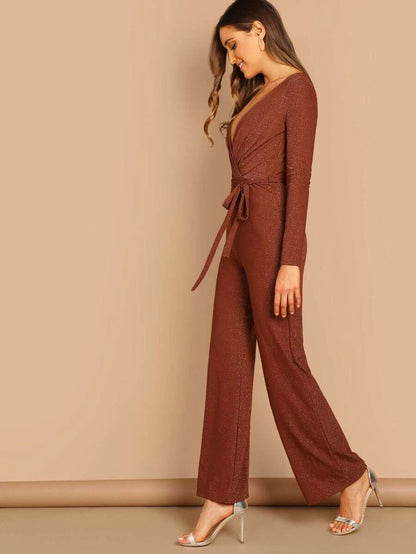 Plunging Neck Self Belted Wrap Glitter Jumpsuit Periwinkley Shop