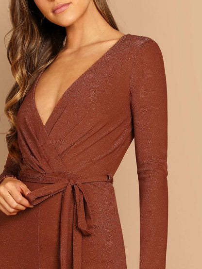 Plunging Neck Self Belted Wrap Glitter Jumpsuit Periwinkley Shop