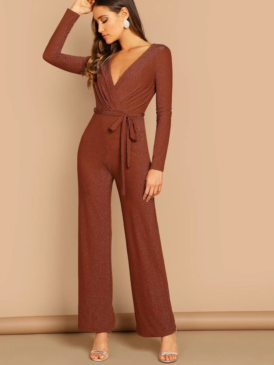 Plunging Neck Self Belted Wrap Glitter Jumpsuit Periwinkley Shop