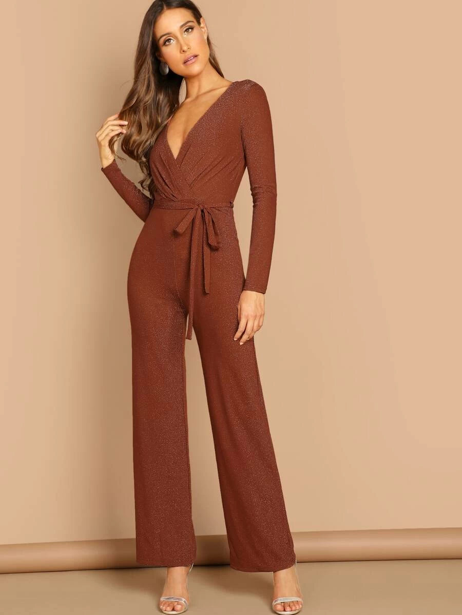 Plunging Neck Self Belted Wrap Glitter Jumpsuit Periwinkley Shop