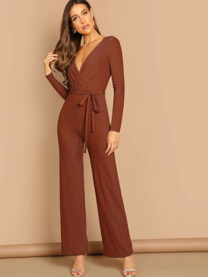 Plunging Neck Self Belted Wrap Glitter Jumpsuit Periwinkley Shop