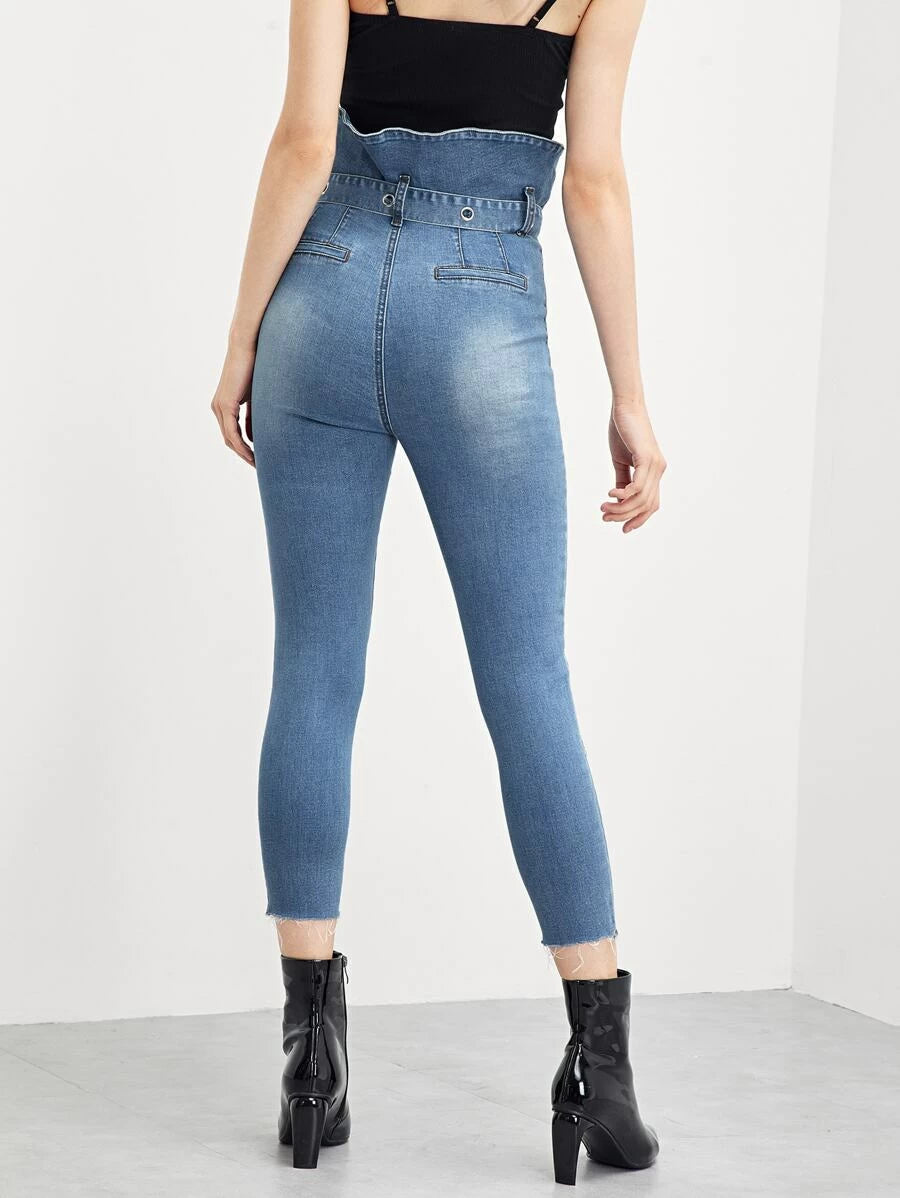 Ruffle Waist Skinny Jeans With D-Ring Belt Periwinkley Shop