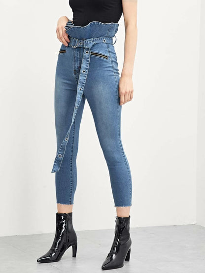 Ruffle Waist Skinny Jeans With D-Ring Belt Periwinkley Shop