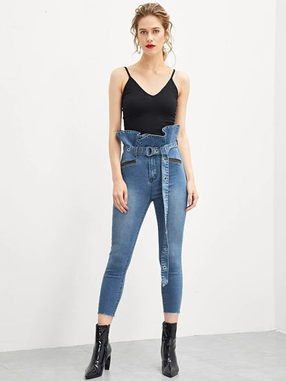 Ruffle Waist Skinny Jeans With D-Ring Belt Periwinkley Shop
