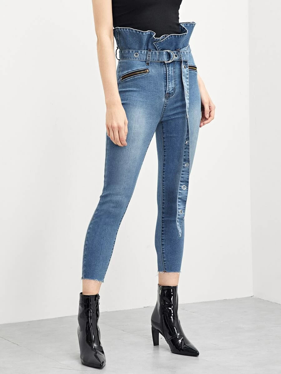 Ruffle Waist Skinny Jeans With D-Ring Belt Periwinkley Shop