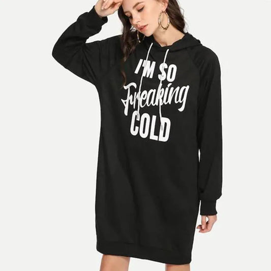 Slogan Graphic Drawstring Detail Hooded Sweatshirt Dress Periwinkley Shop