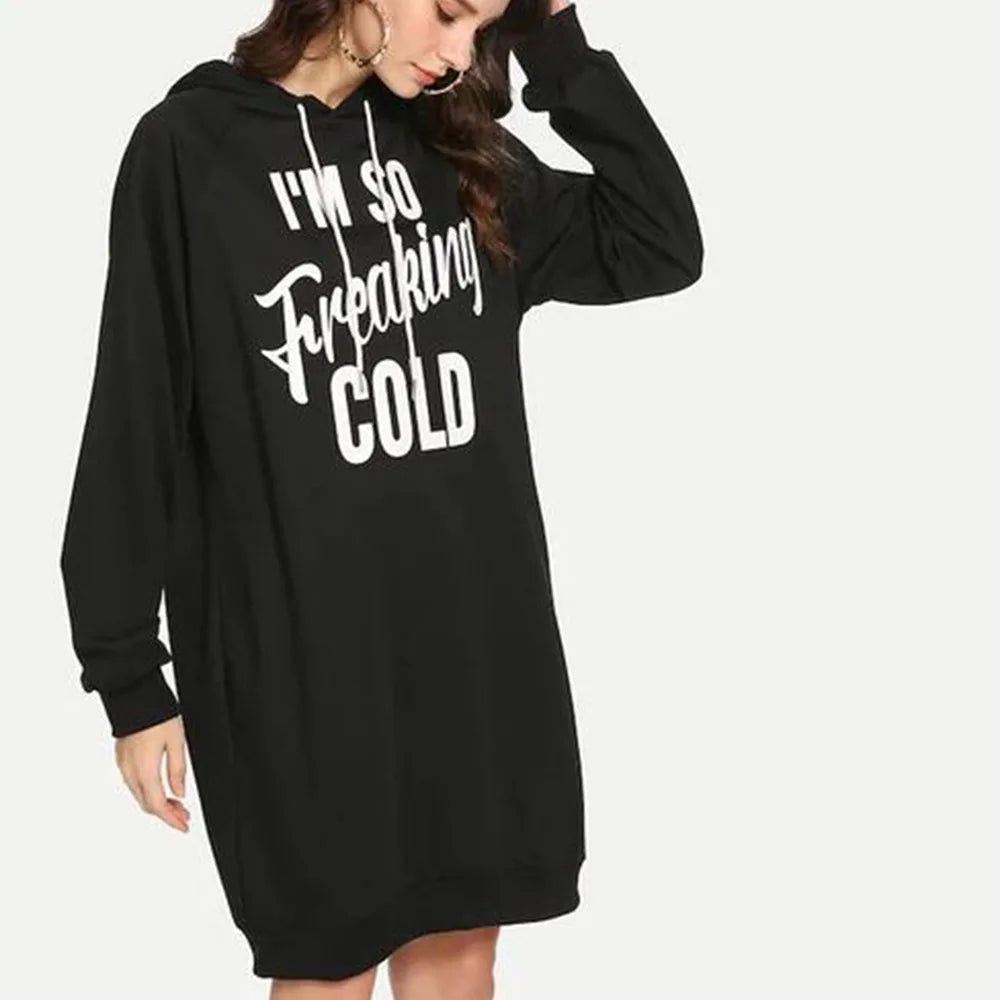 Slogan Graphic Drawstring Detail Hooded Sweatshirt Dress Periwinkley Shop