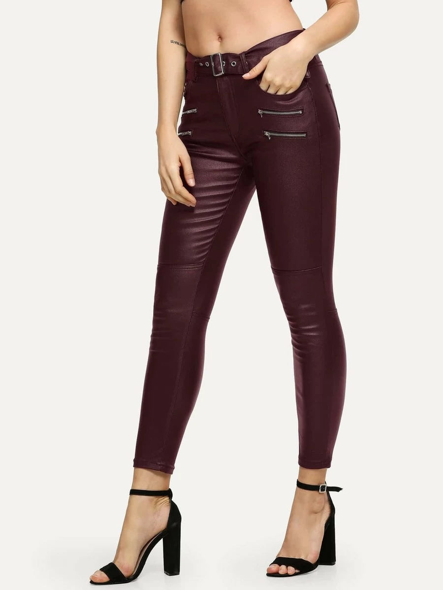 Zip Side Skinny Pu Pants With Belt Periwinkley Shop