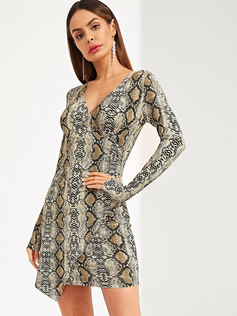 Snake Skin Print Surplice Wrap Fitted Dress Periwinkley Shop
