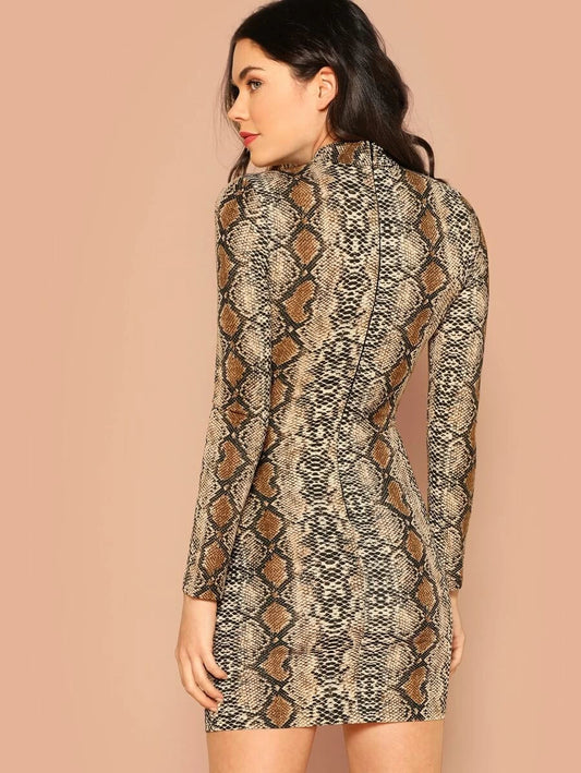 Mock Neck Long Sleeve Snake Print Knit Mini Dress Periwinkley Shop