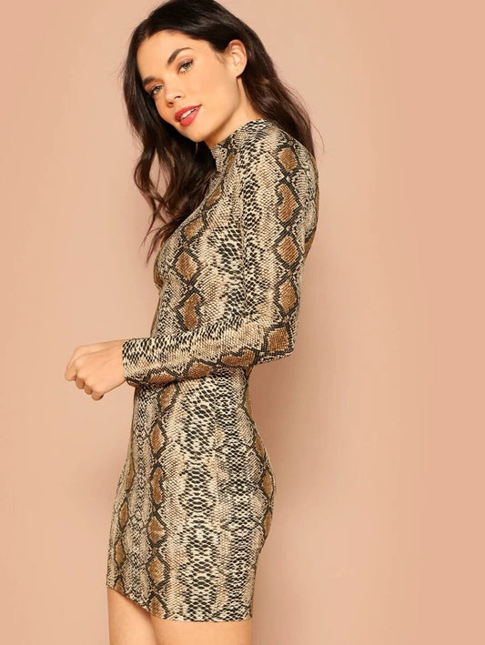 Mock Neck Long Sleeve Snake Print Knit Mini Dress Periwinkley Shop