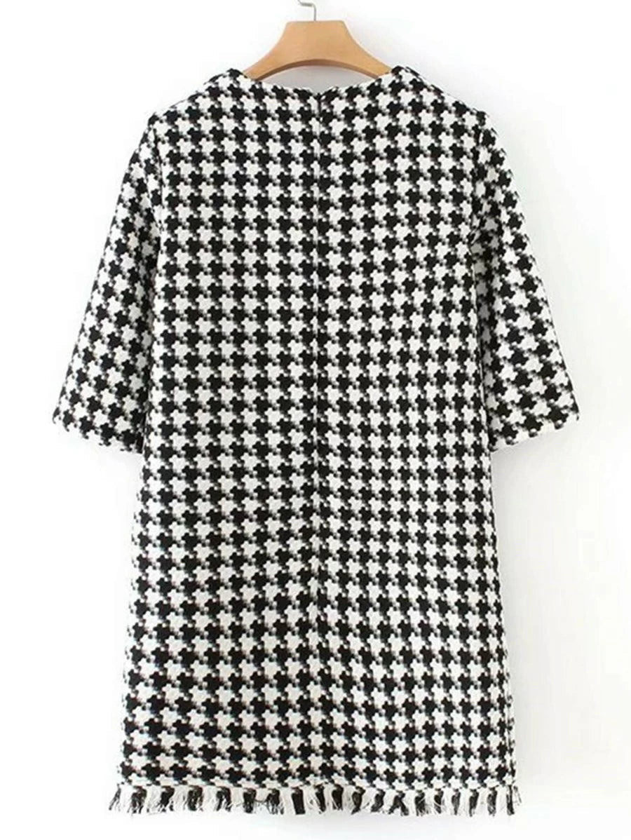 Fringe Hem Houndstooth Tweed Coat Periwinkley Shop