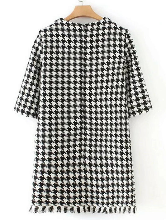 Fringe Hem Houndstooth Tweed Coat Periwinkley Shop