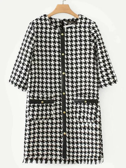 Fringe Hem Houndstooth Tweed Coat Periwinkley Shop